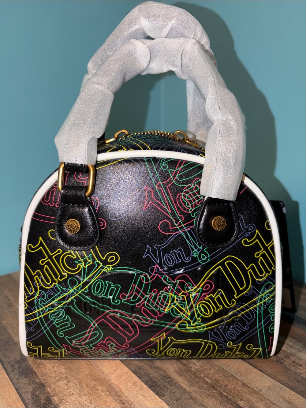 Von Dutch Neon Lights Signature Bowling Bag Logo Satchel with Detachable Strap